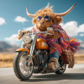 Harley The Highland Cow with horns and sunglasses riding a motorcycle on a road with a scenic background