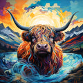 Highland cow abstract colourful cow with sunset i