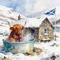 Highland cow in a bathtub with a Scottish flag and stone cottage in the background