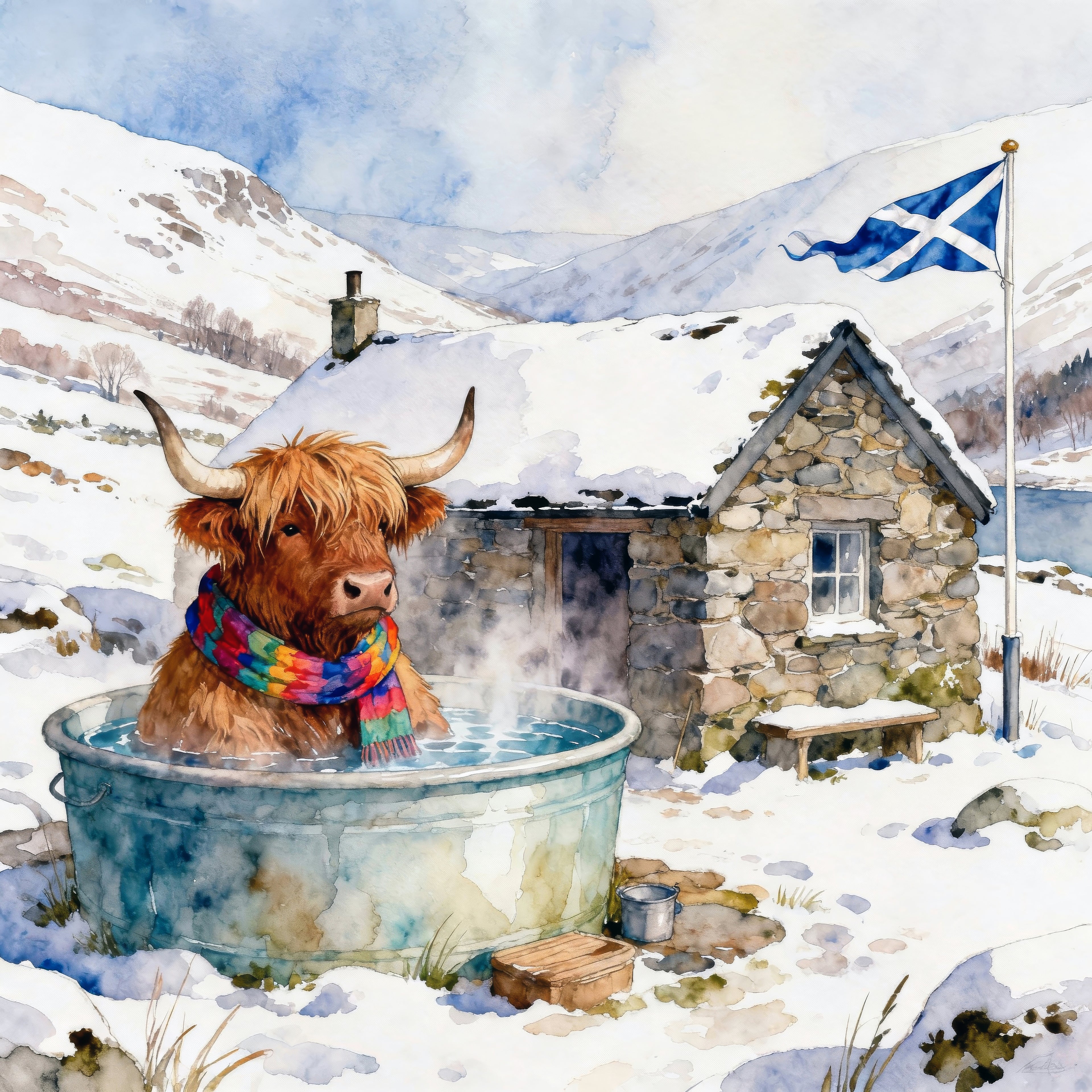 Hot Tub In The Snow The Highland Cow – Whimsical Framed Canvas Wall Art