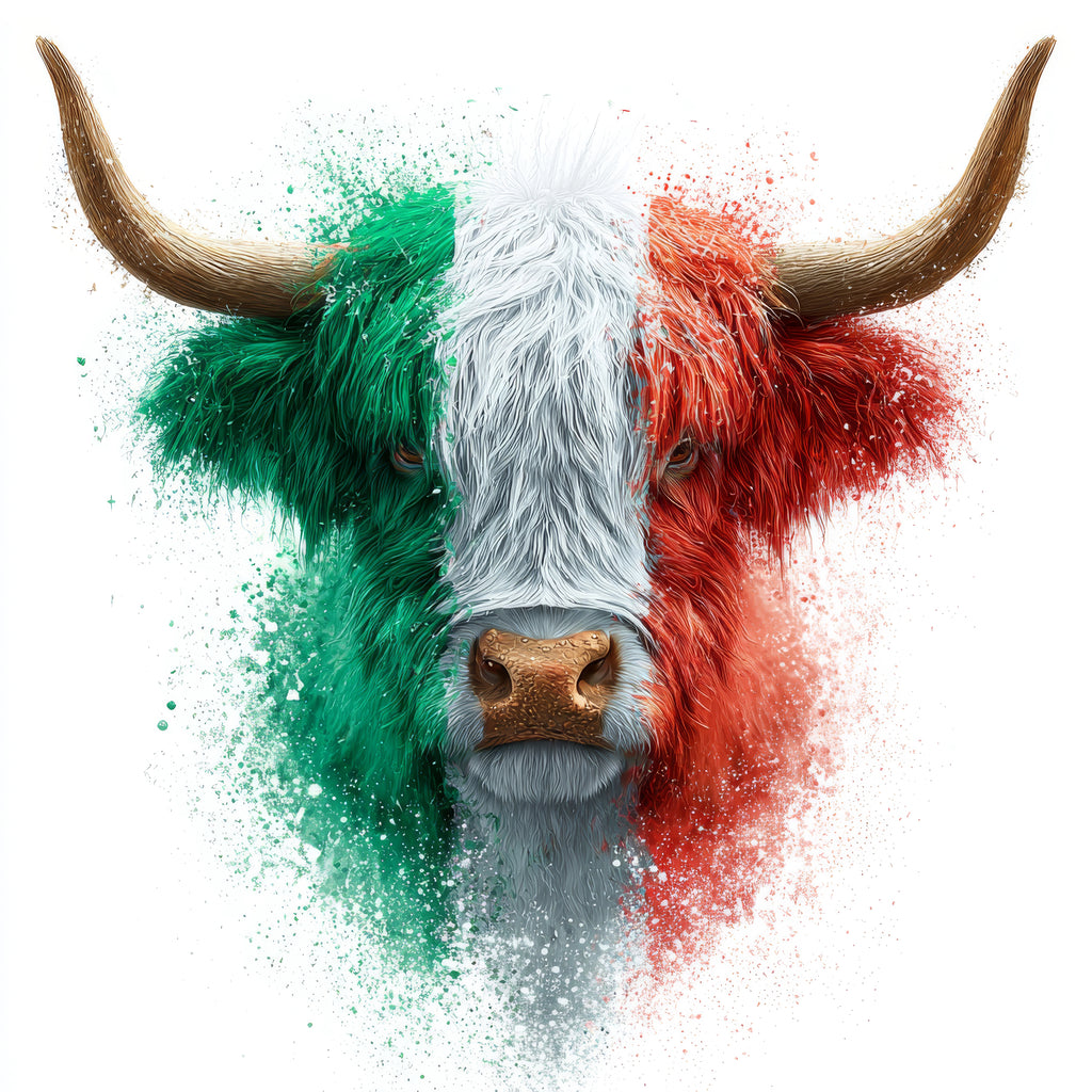 Cow with green, white, and red pattern on a white background