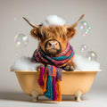 JR the Highland cow in a bathtub with bubbles and a colourful scarf