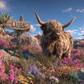 Luss the Highland cow in a field of flowers with a signpost reading 'LUSS'.
