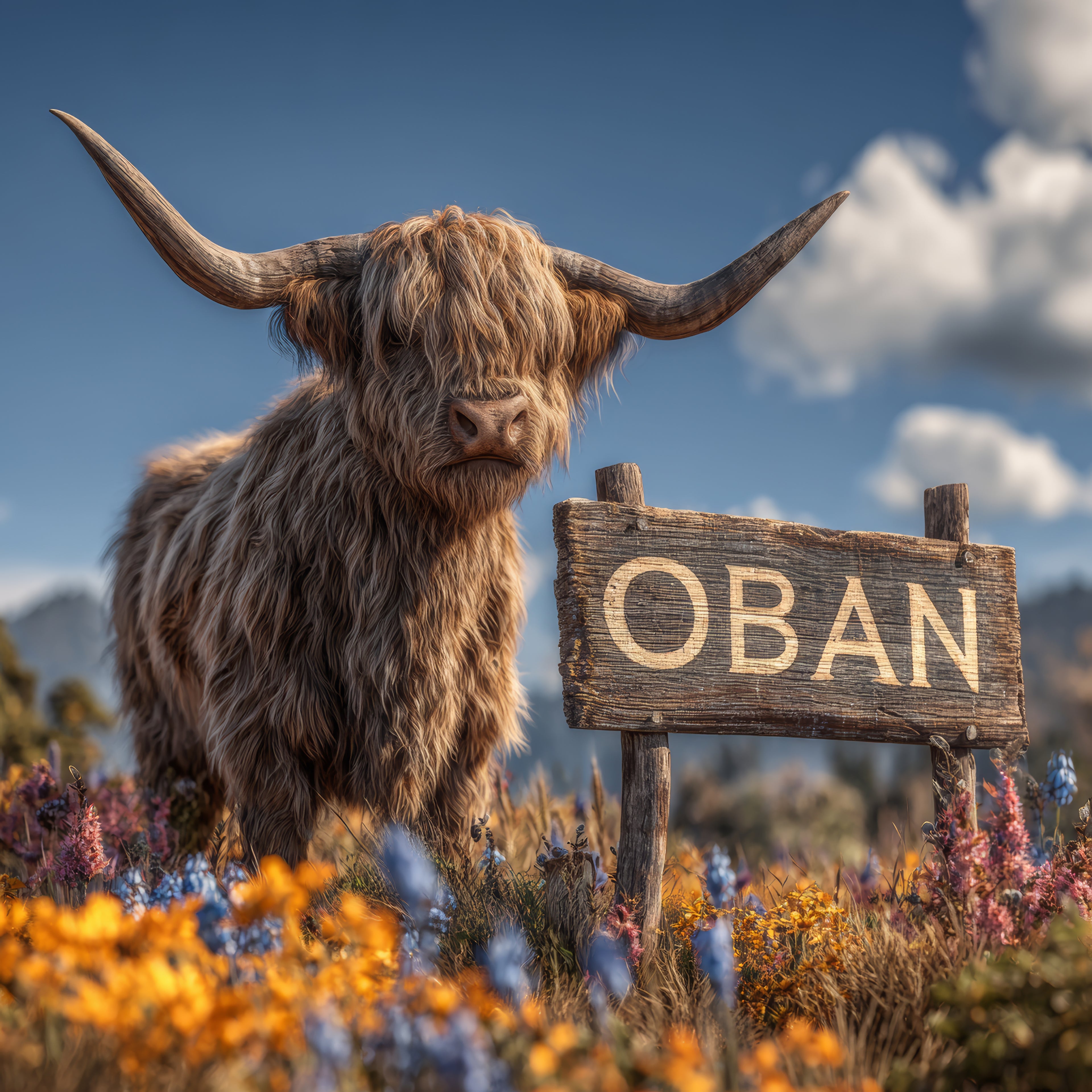 Oban the Highland cow standing next to a wooden sign with 'Oban' on it, in a scenic landscape.