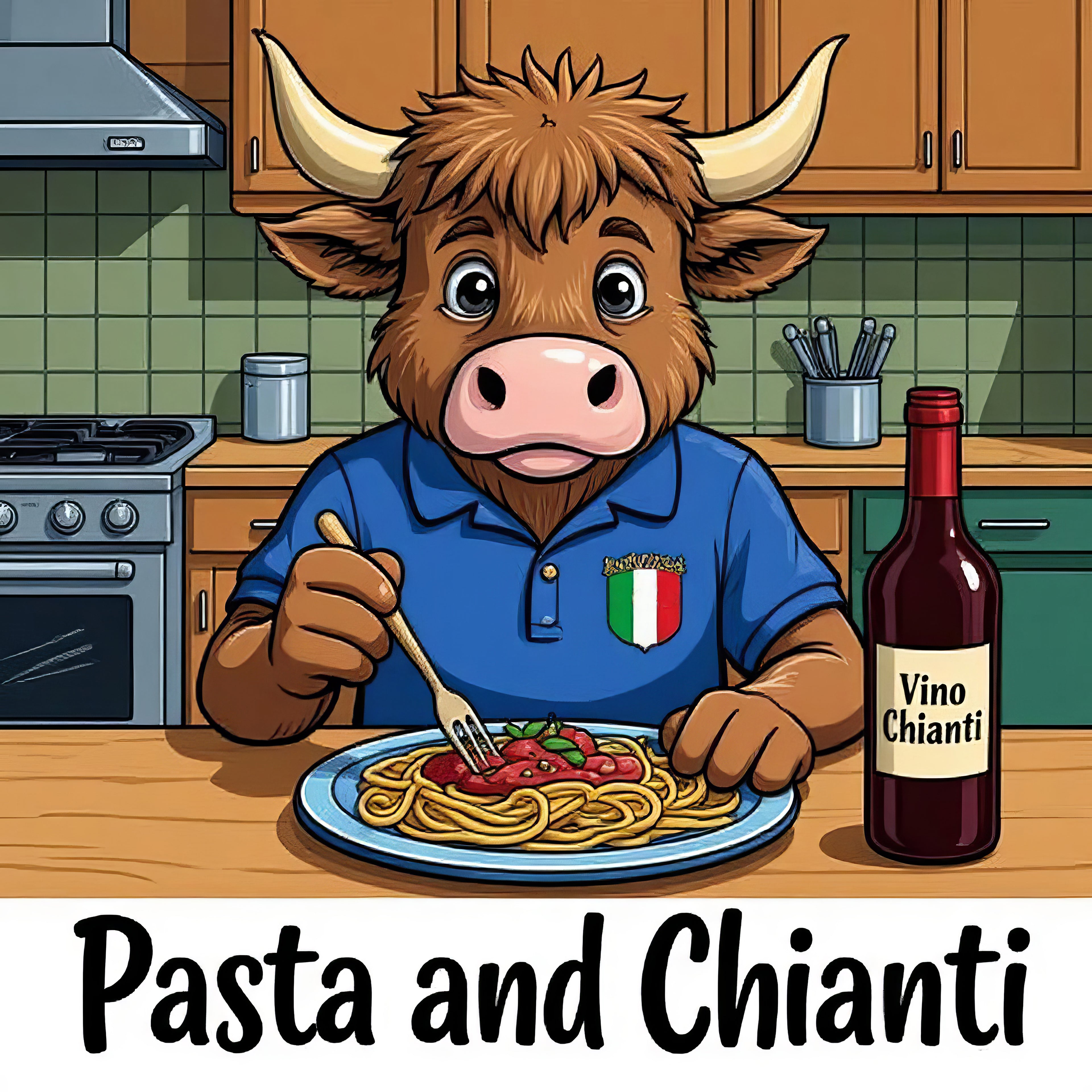 Cartoon bull in a kitchen eating pasta with a bottle of Vino Chianti, text 'Pasta and Chianti' below.