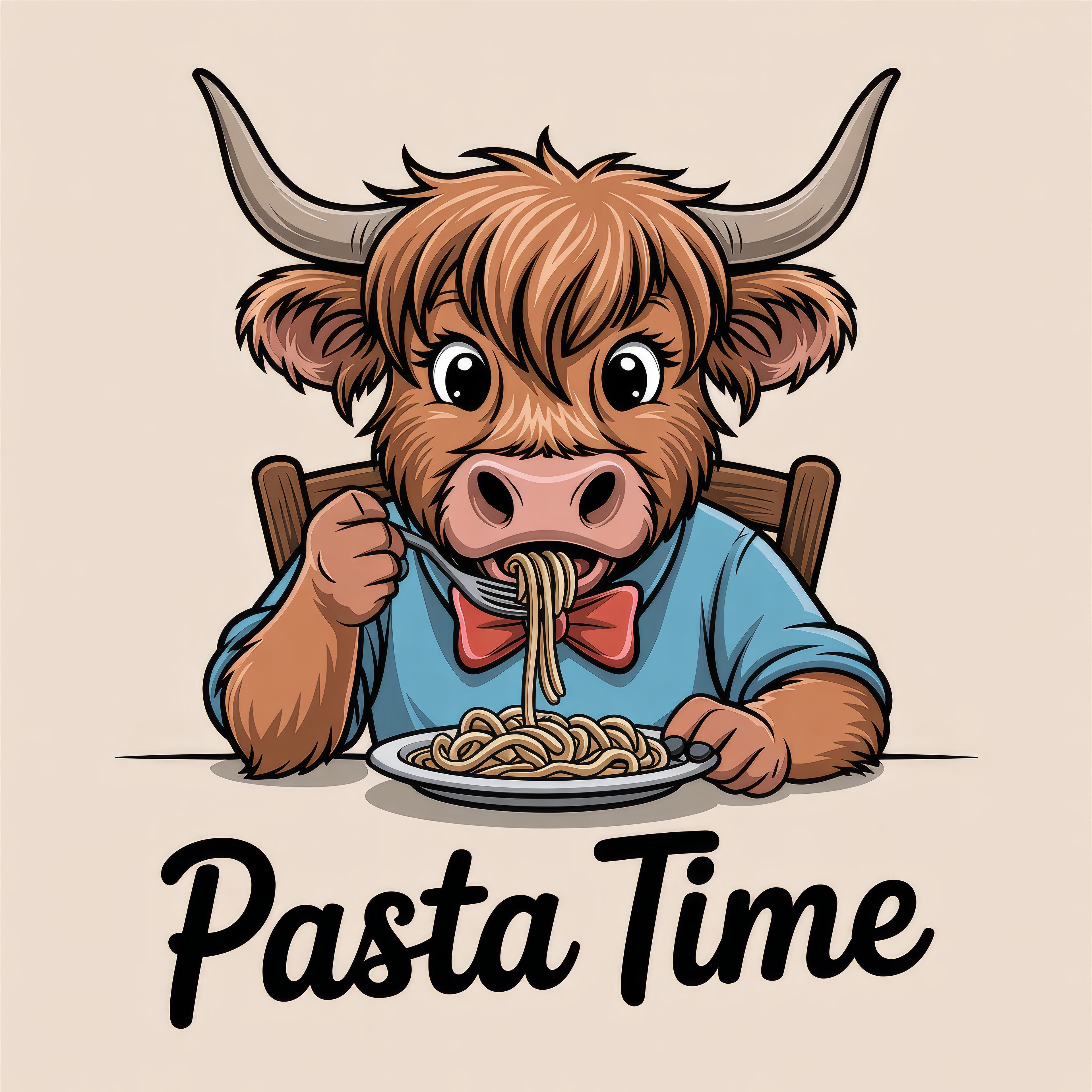 Highland cow eating his pasta