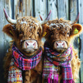 Paul & Simon Two highland cows wearing colourful scarves in front of a wooden fence.