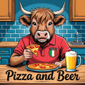 Cow in a kitchen wearing a red shirt with an Italian flag, holding a pizza and a beer.