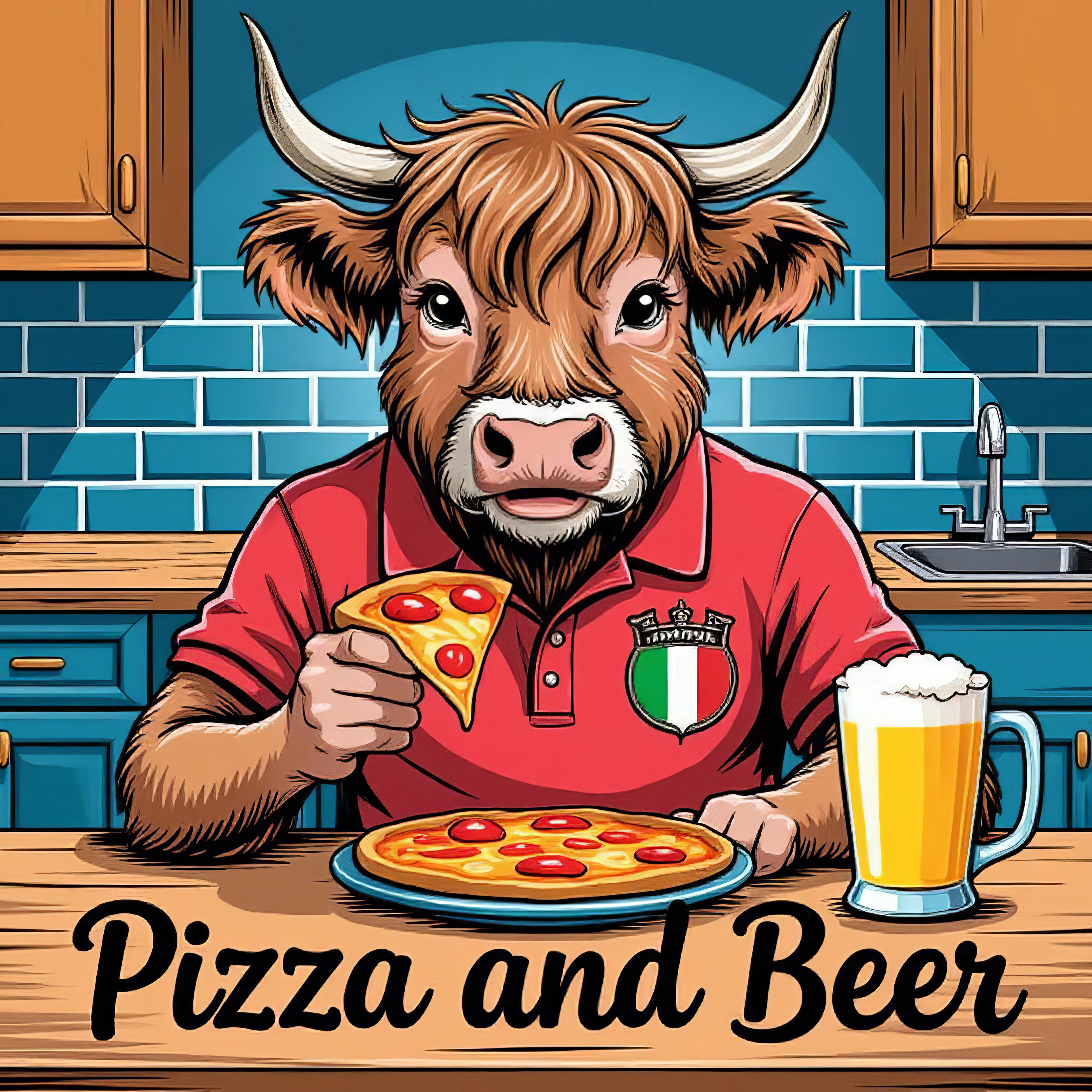 Cow in a kitchen wearing a red shirt with an Italian flag, holding a pizza and a beer.