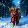 Robin the Highland cow wearing a colourful scarf in a snowy forest