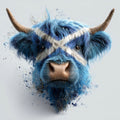 Blue highland cow with a Scottish flag on his face with a light blue background