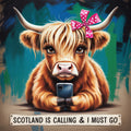 Cute cow with a pink bow holding a phone against a colorful background with 'Scotland is calling & I must go' text.