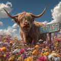 Stirling the Highland cow standing in a field of flowers with a sign reading 'Stirling'.