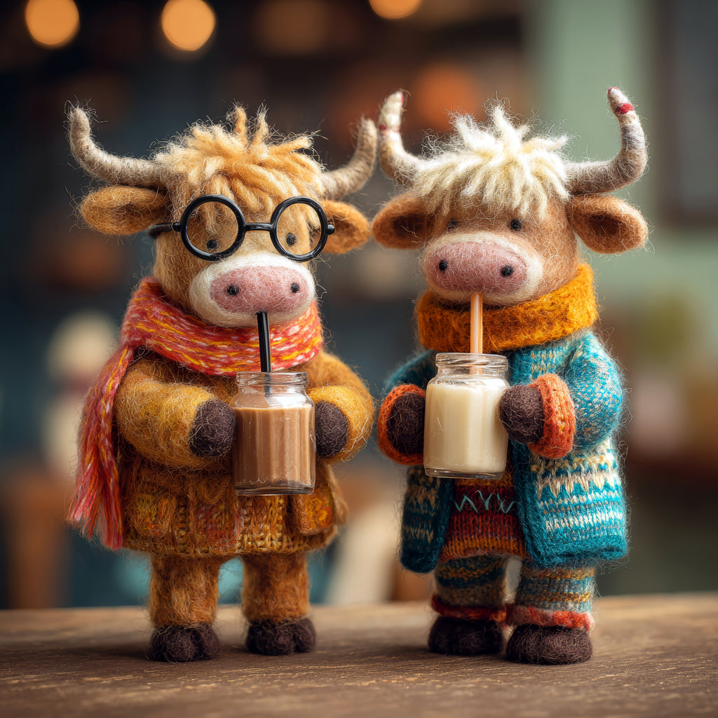 Two animated cow characters wearing scarves and holding drinks with straws against a blurred background.