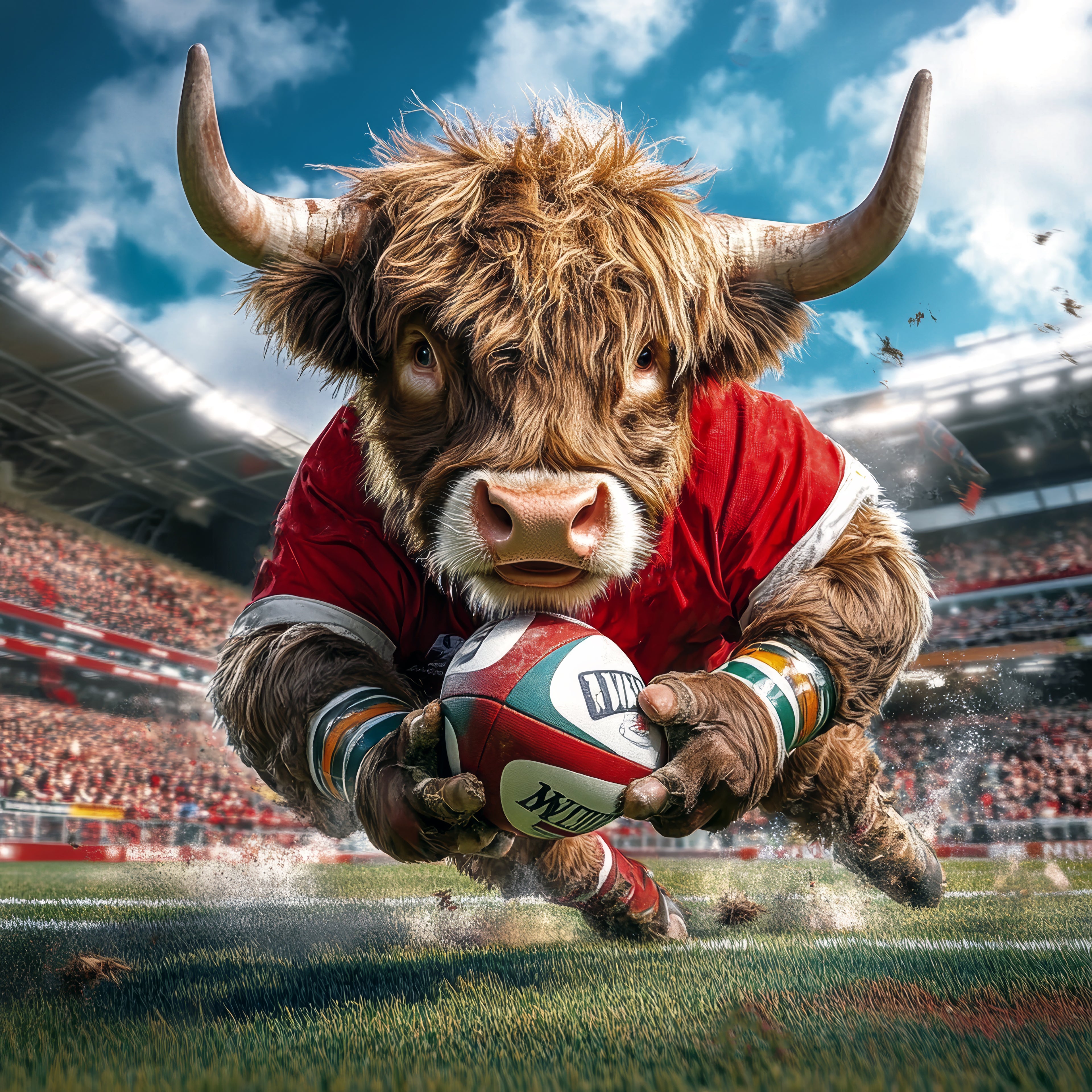 Highland cow in a red jersey running with a rugby ball on a stadium field