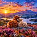 Two fluffy Highland cows sit on a rocky hillside covered in pink flowers, facing a dramatic mountain landscape at sunrise with a lake and vivid orange, pink, and blue sky.