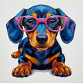 Colorful painting of a dachshund wearing pink glasses on a textured white background