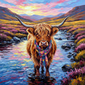 Painting of a highland cow with a colorful scarf standing in water, surrounded by mountains and flowers.
