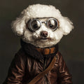 White dog wearing round glasses, a dark scarf, and a brown leather jacket on a dark background