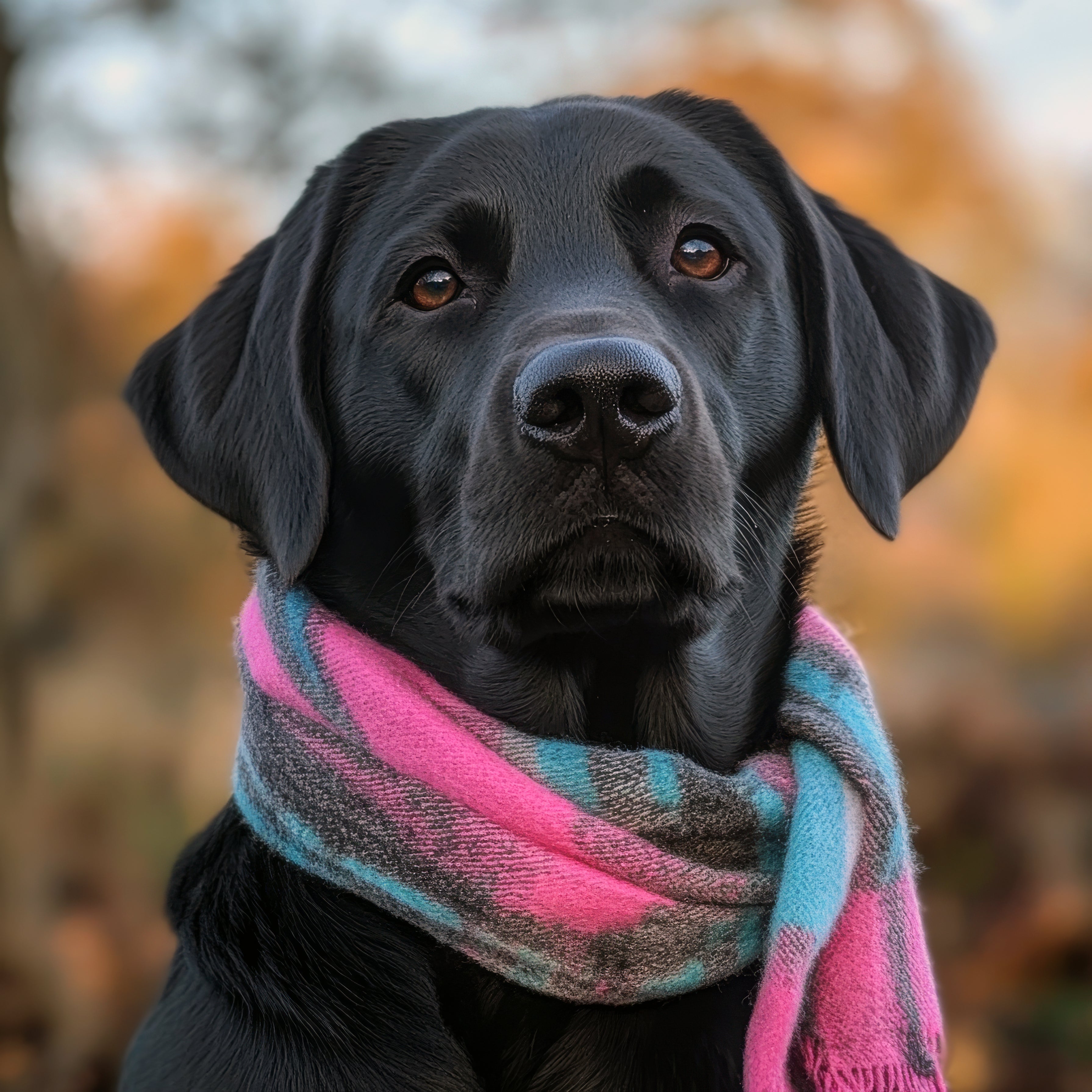 Black dog wearing a colorful scarf with a blurred autumn background