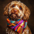 Dog wearing a colorful scarf on a brown background