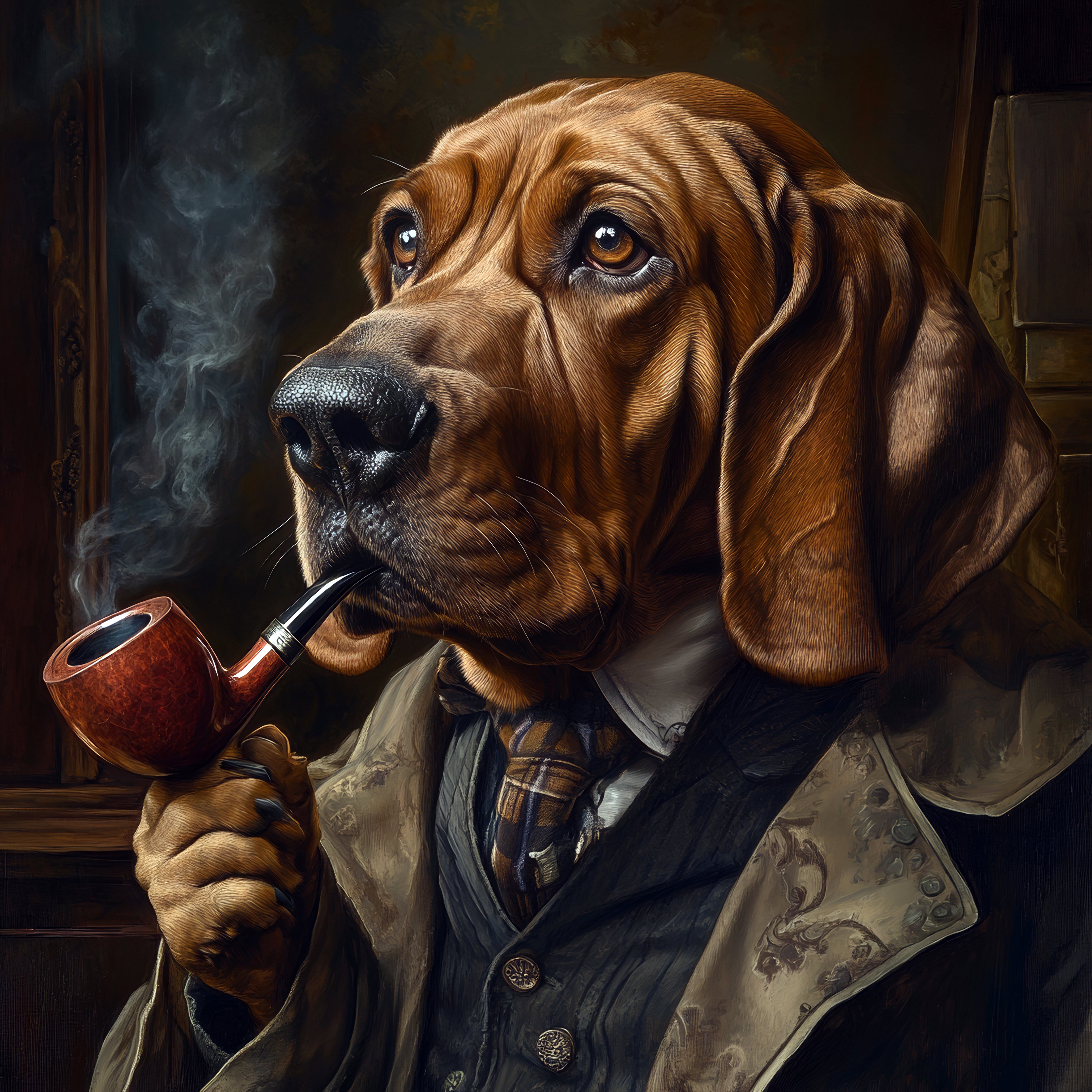 Dog dressed in a suit with a smoking pipe, in a vintage-style setting