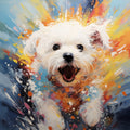 Colorful abstract painting of a white dog with a joyful expression