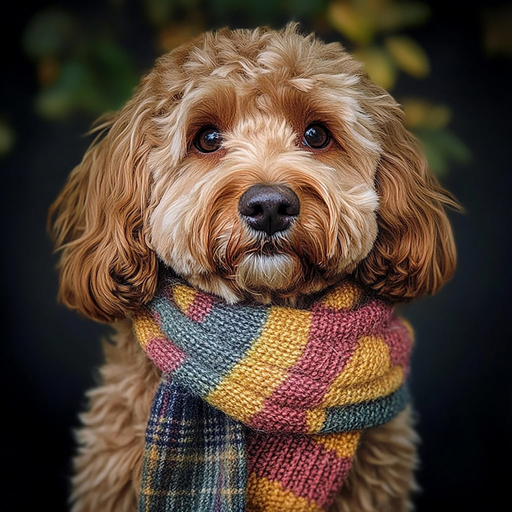 Dog wearing a colorful scarf with a dark background