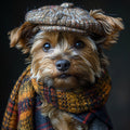 Dog wearing a patterned hat and scarf on a dark background