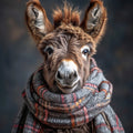 Donkey wearing a plaid scarf against a dark background