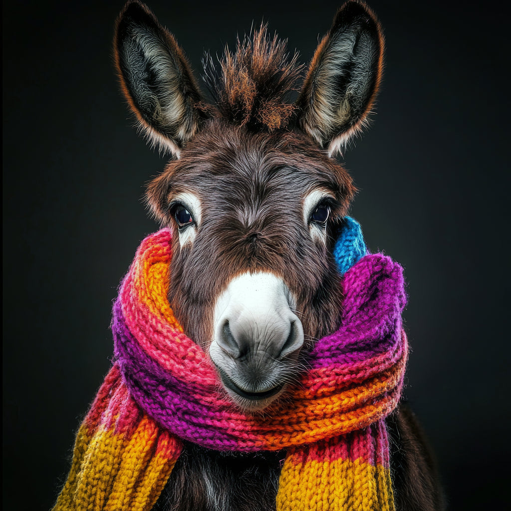 Donkey wearing a colorful scarf on a black background