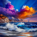 Vibrant landscape with colorful clouds, ocean waves, and a sailboat.