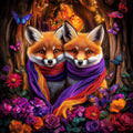 Two foxes wearing colorful scarves surrounded by flowers and butterflies in a forest setting