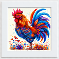 Colourful rooster artwork with blue red and orange feathers on 9x9 photo board