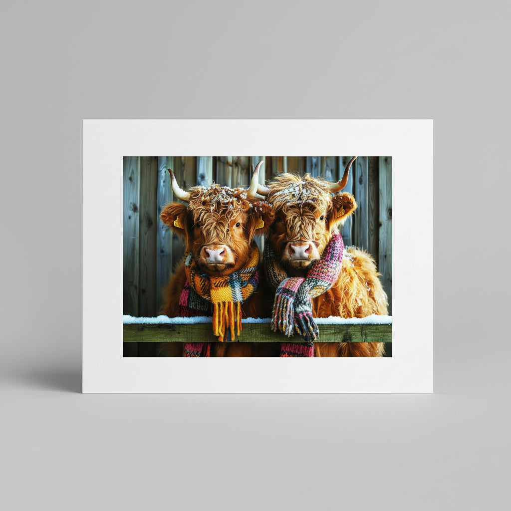Two highland cows wearing scarves in a wooden fence setting