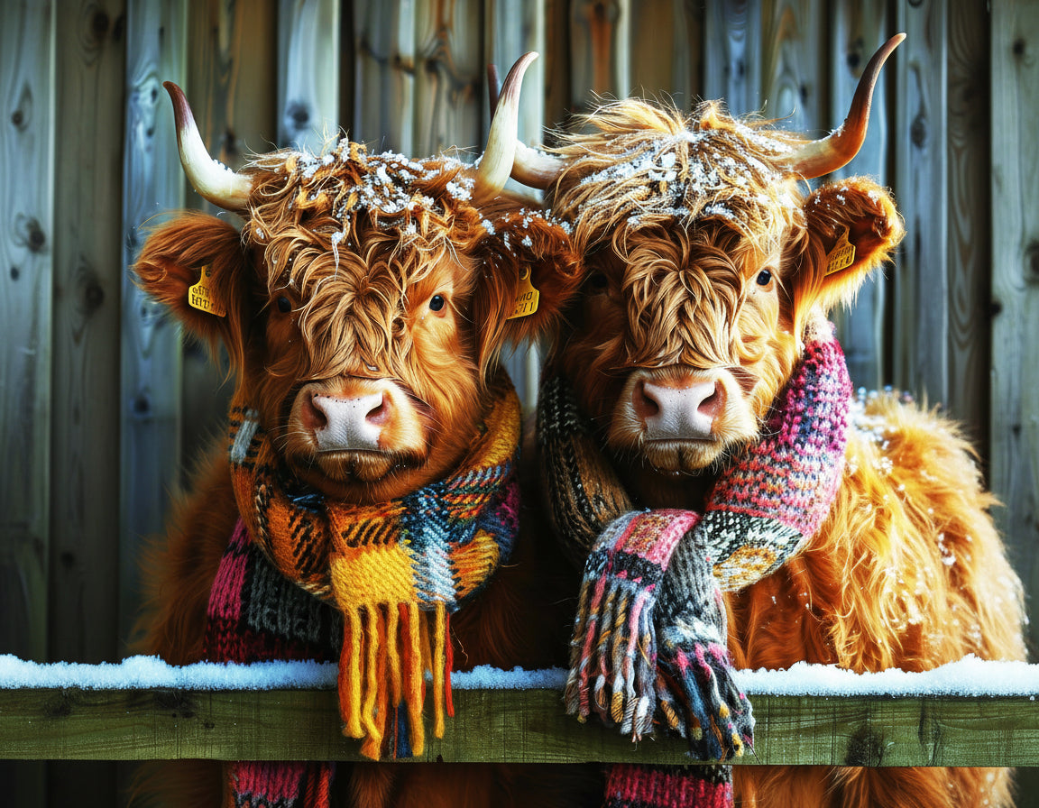 Two Highland cows wearing colorful scarves in front of a wooden fence.