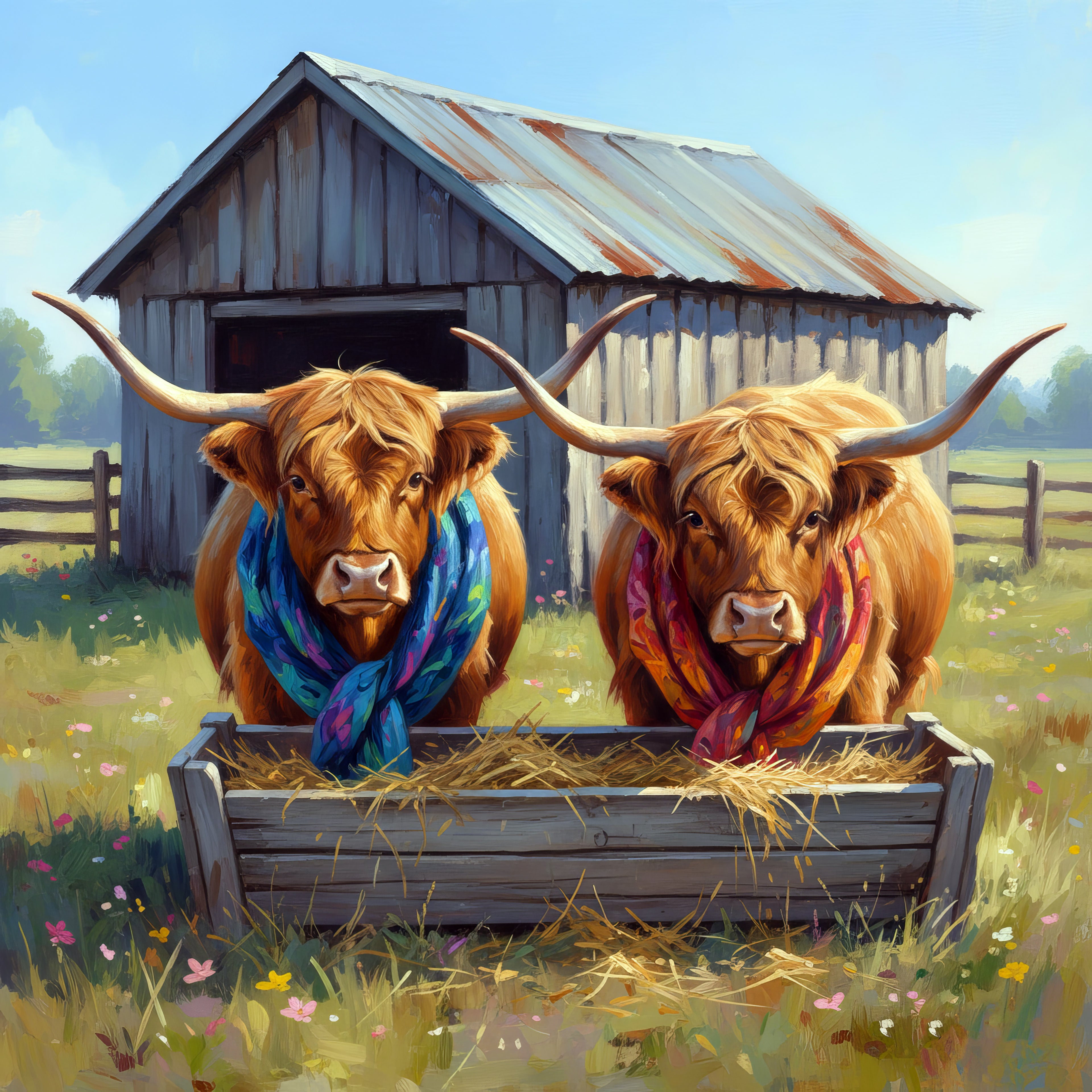 Two longhorn cows with colorful scarves in a field with a wooden shed in the background.
