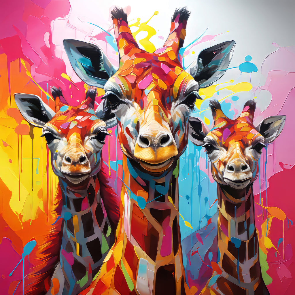 Three colorful giraffes with abstract background