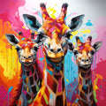 Three colorful giraffes with abstract background