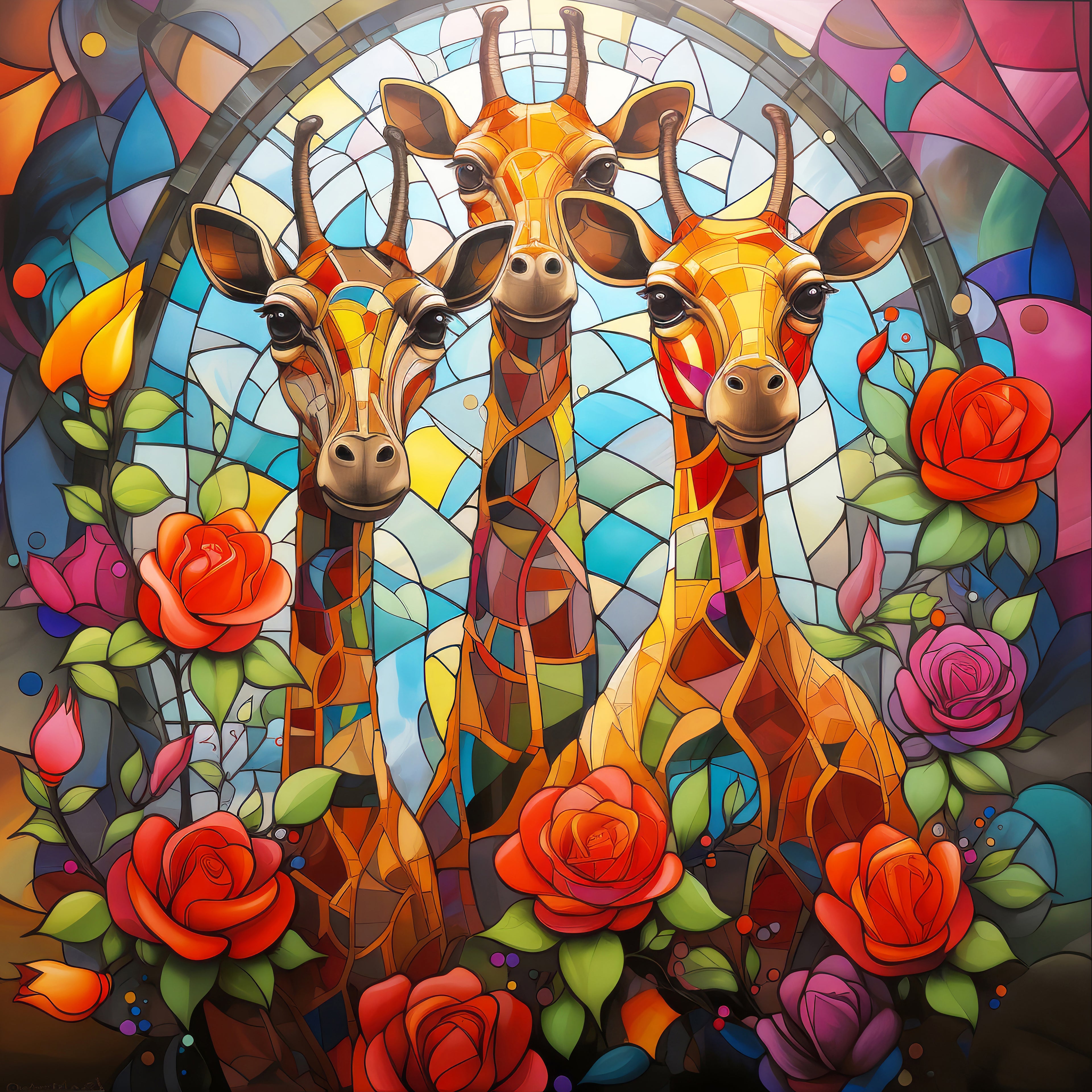 Colorful stained glass-style artwork of three giraffes surrounded by flowers.