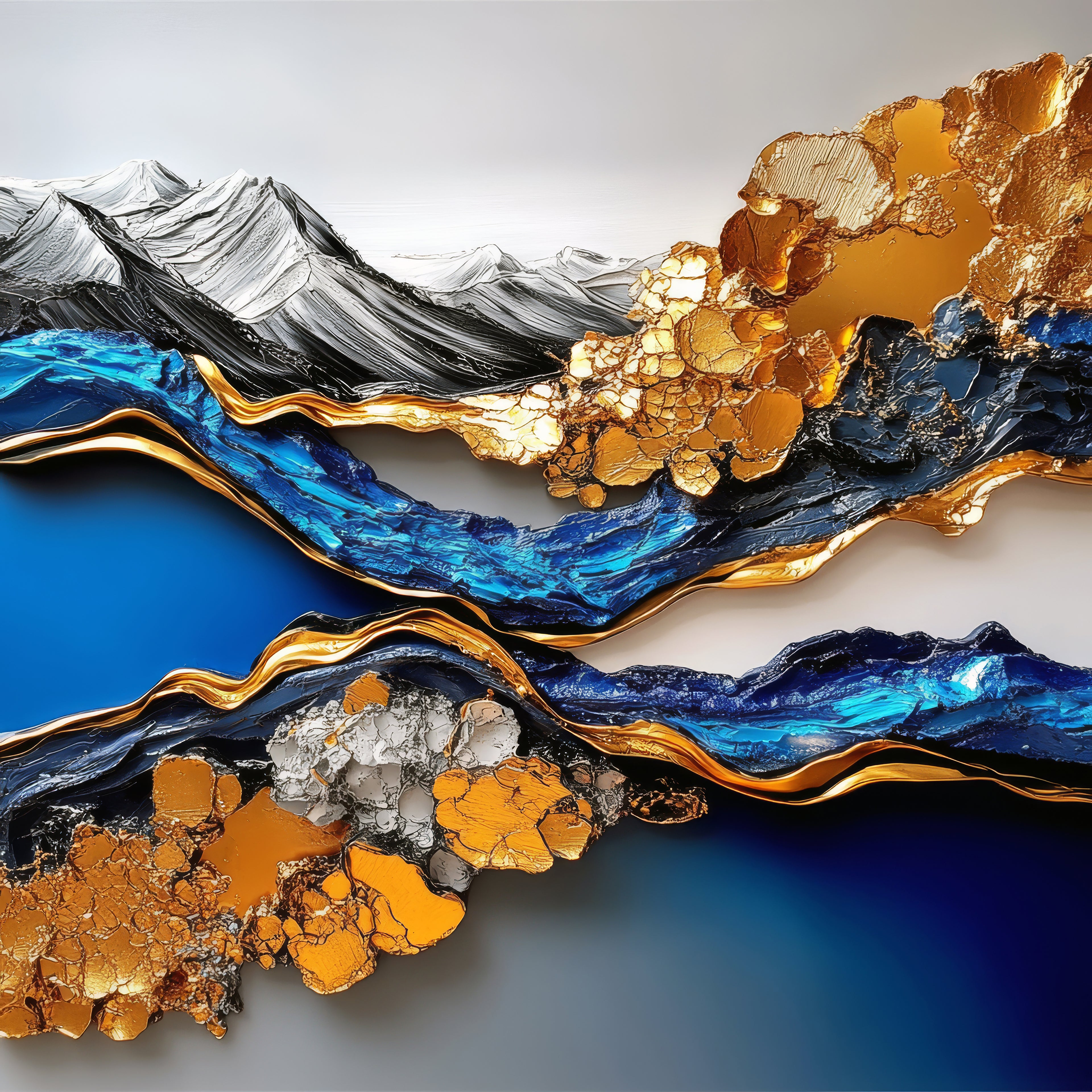 Abstract art with wavy patterns in blue, gold, and gray on a gradient background