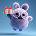 Purple cartoon creature with glasses holding a gift box on a blue background