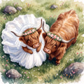 A whimsical watercolor-style illustration of two Highland cows standing in a grassy field with flowers and rocks. One cow wears a white bridal gown with a floral crown, and the other wears a matching floral crown.