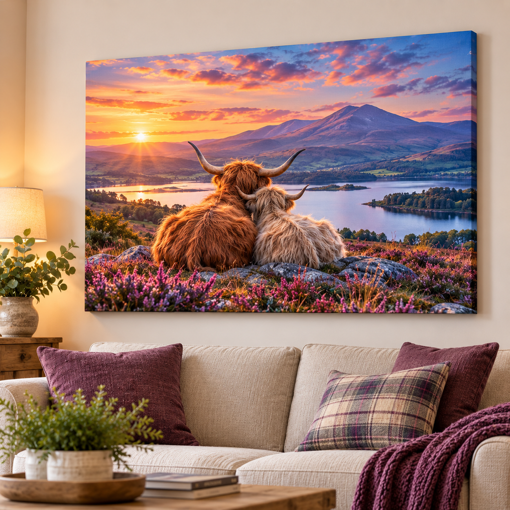 Highland cows love by the loch  sunset