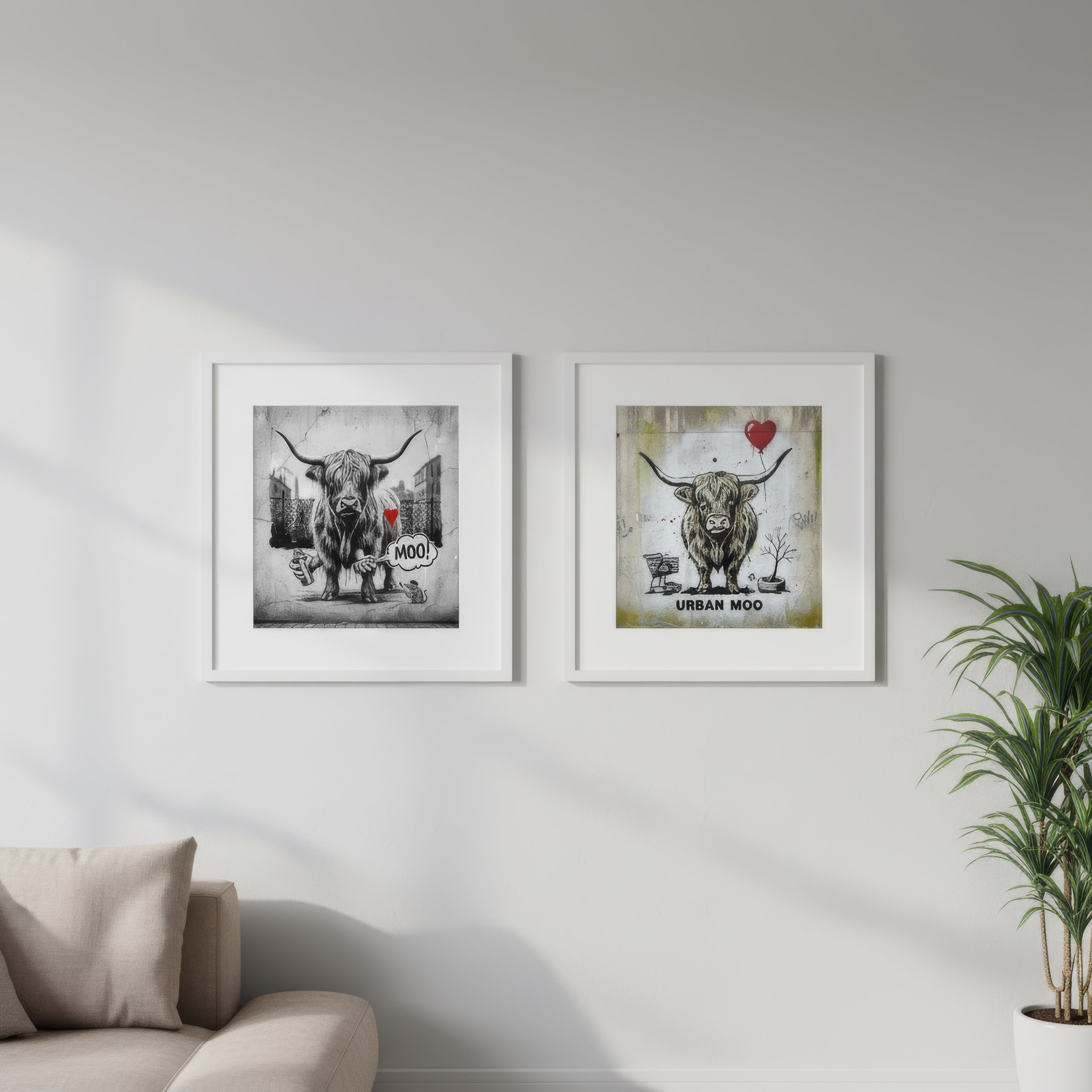Set of two highland cow street art frames not included