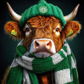 Henrik the football loving highland cow in green and white
