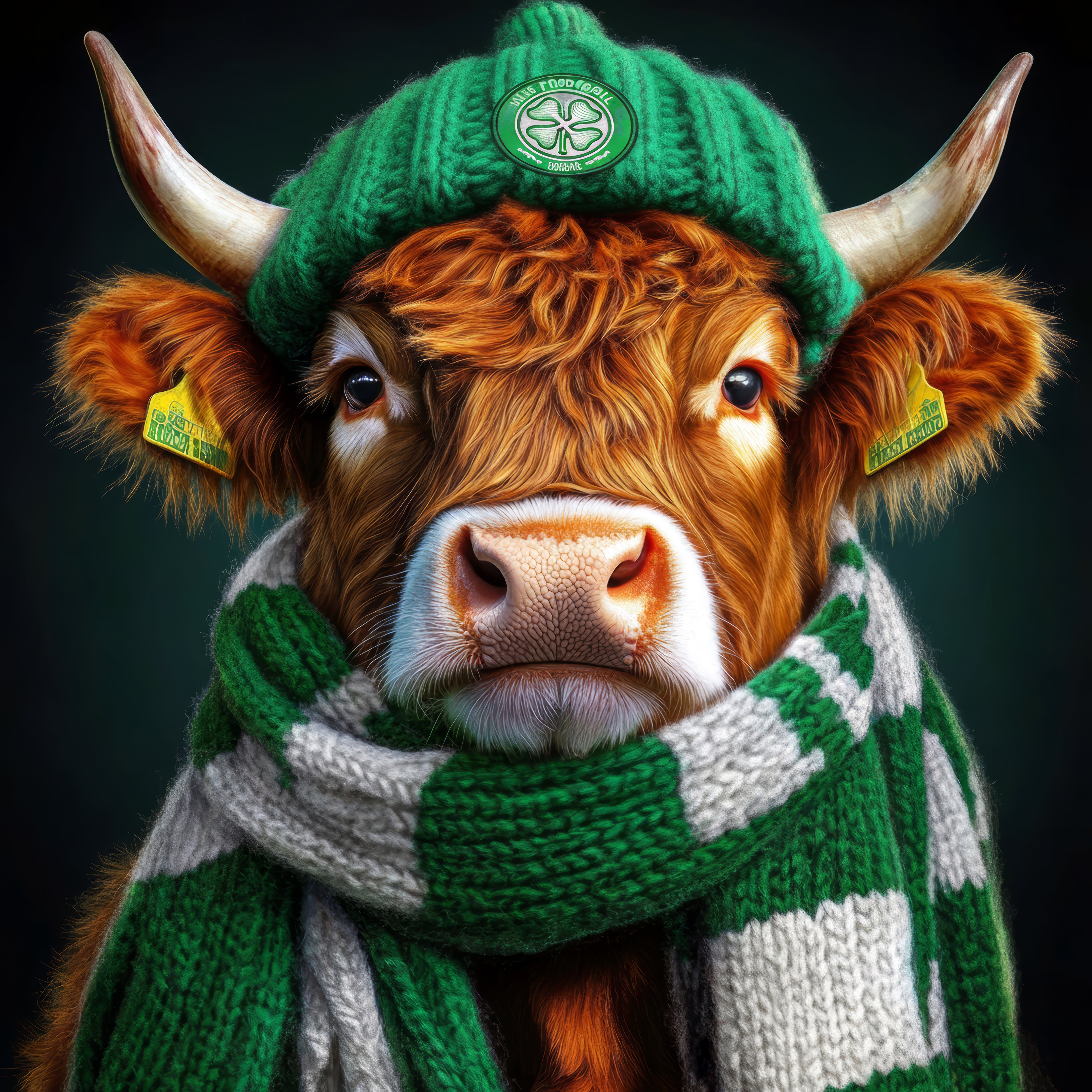 Henrik the football loving highland cow in green and white