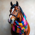 Horse wearing a colorful scarf against a plain background