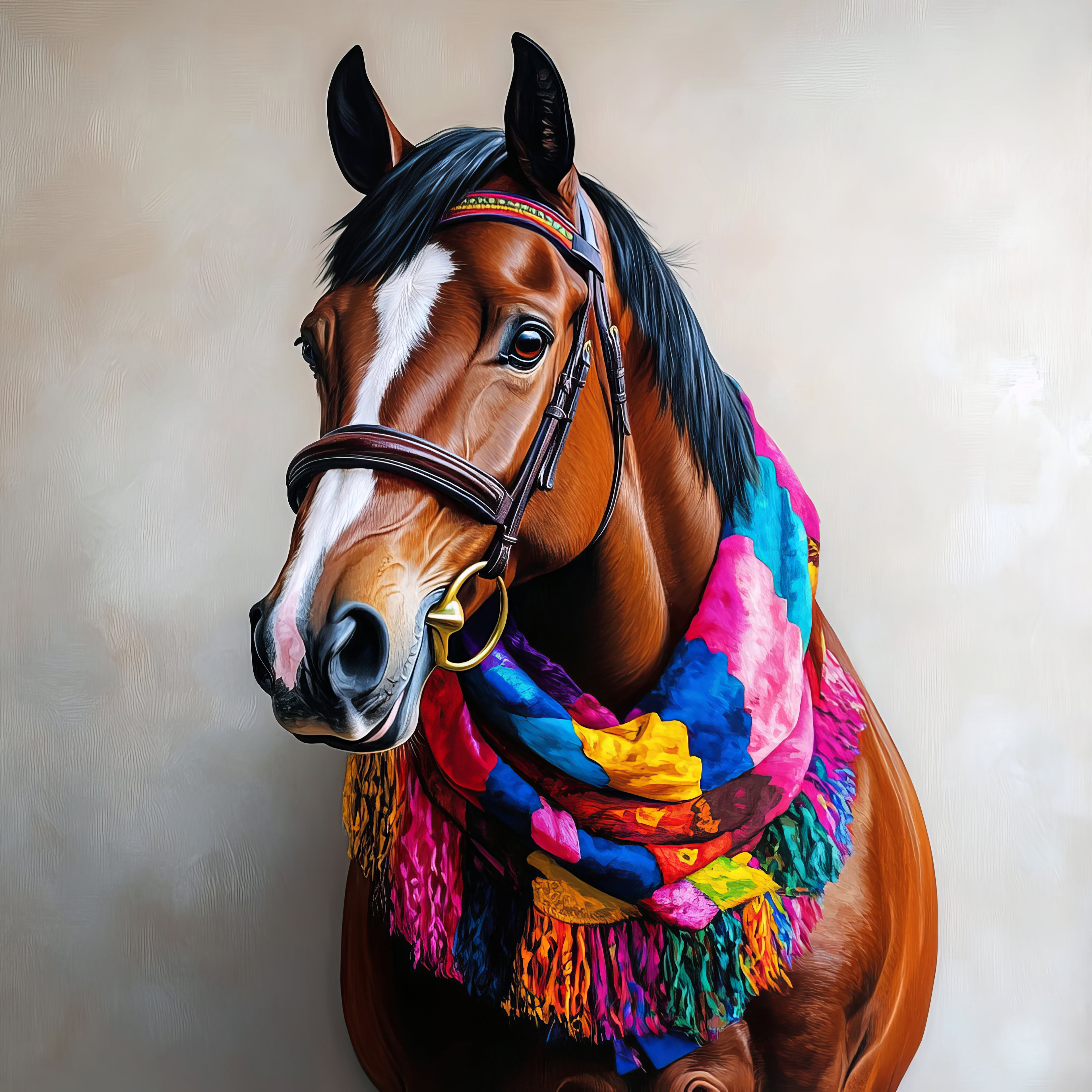 Horse wearing a colorful scarf against a plain background