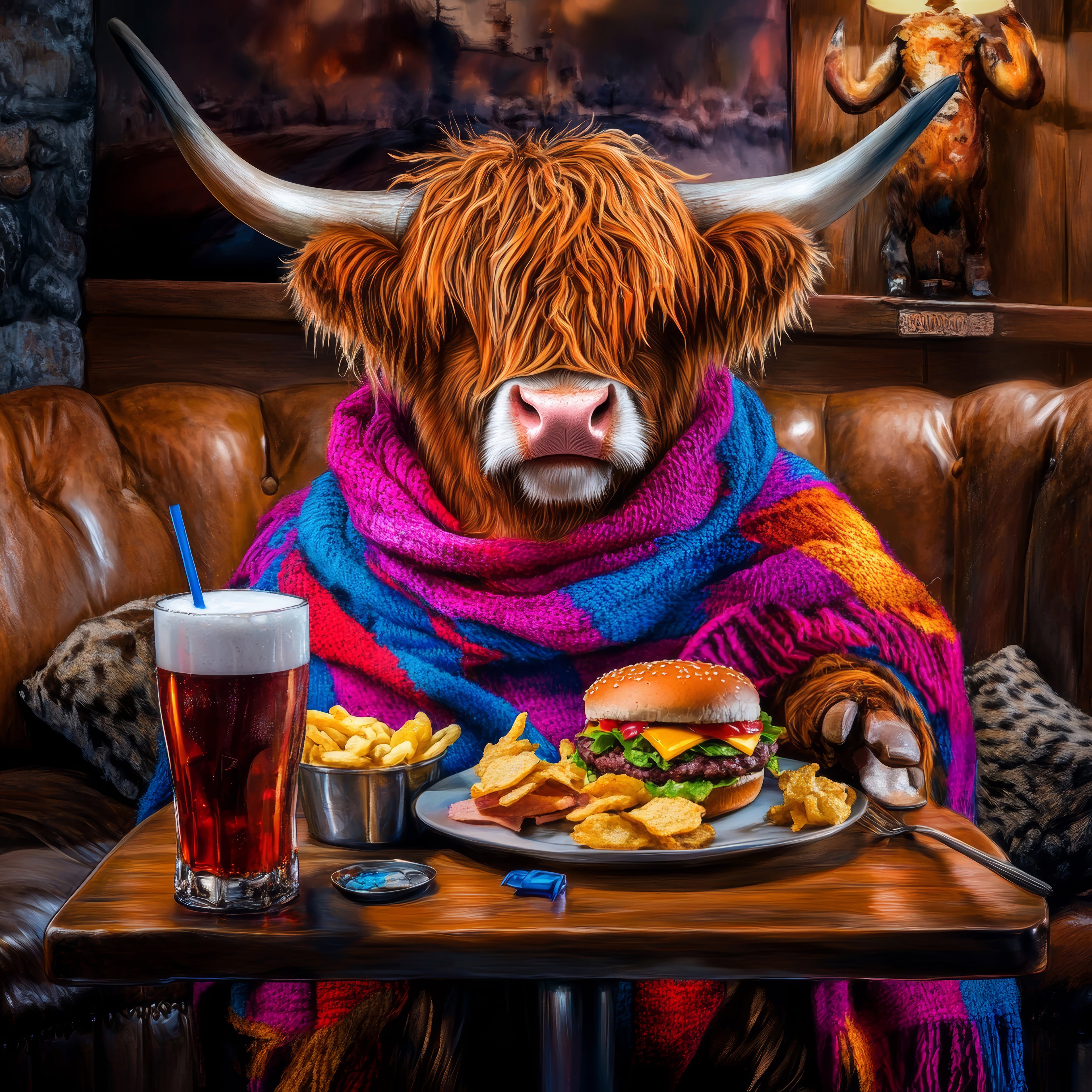 Cow in a colorful scarf sitting at a table with food and a drink in a cozy setting.